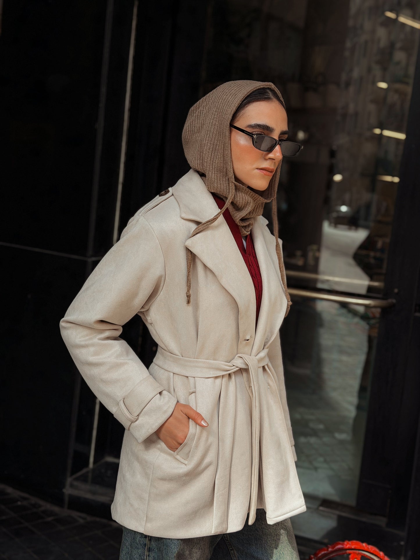 Suede trench coat-Beige