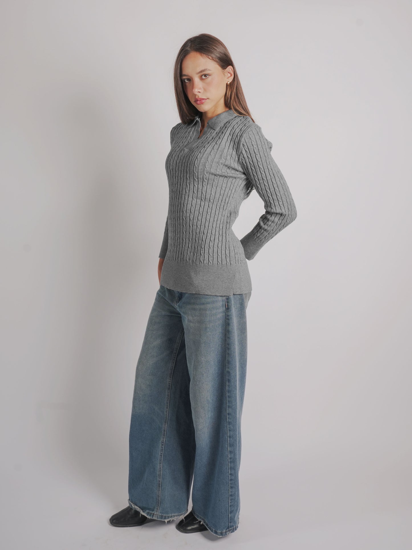 CABLE-KNIT POLO SWEATER-Gray