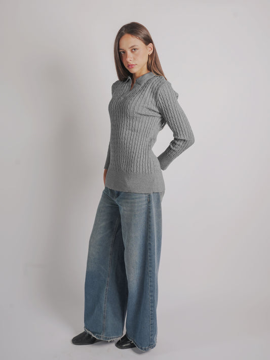 CABLE-KNIT POLO SWEATER-Gray