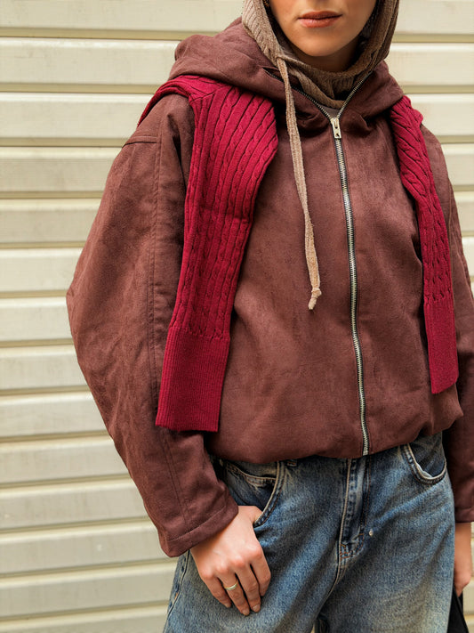 Cropped suede jacket-brown