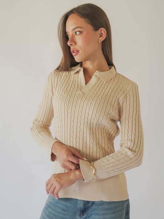 CABLE-KNIT POLO SWEATER-Beige